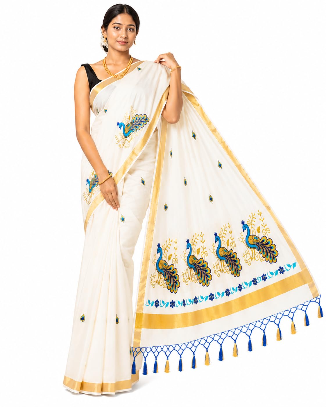 JAYAPRAKASH TEX Kerala Kasavu Saree for Women | Peacock Embroidery Design | Traditional Onam Cotton Saree with Running Blo...