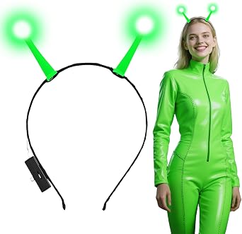 Alien Headband for Alien Costume Women Adult, Glowing Green Alien Antenna Headband Halloween Party Cosplay Costume Hair Accessories