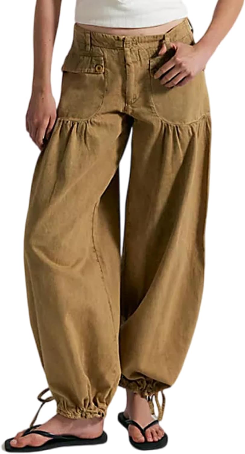 yoeasy Women's Lotus Tube Jeans Mid Rise Baggy Wide Leg Barrel Jeans Drawstring Ankle Denim Pants with Pockets