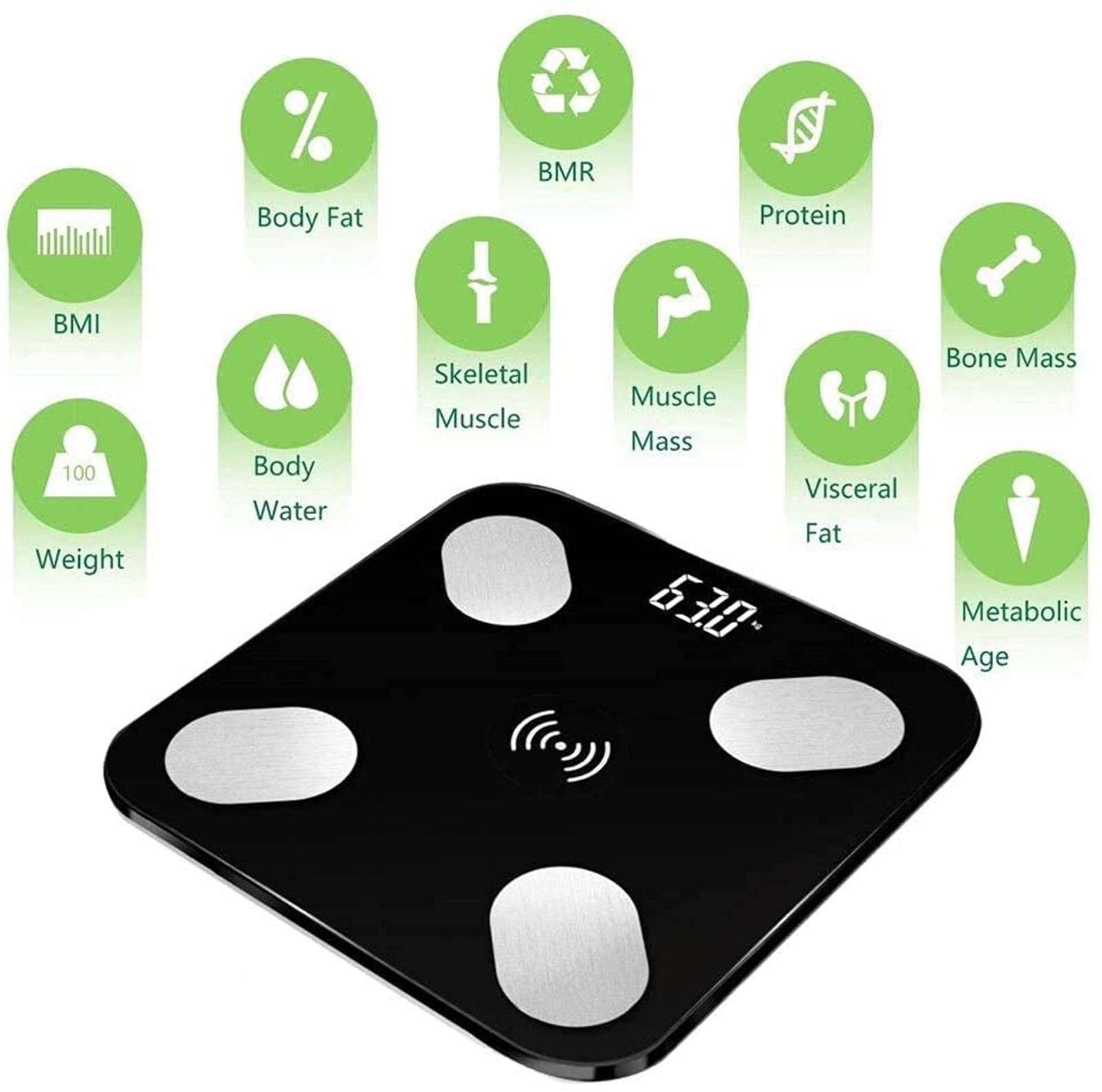 Waga ważąca Waga do pomiaru tkanki tłuszczowej Podłoga Naukowa Inteligentna elektroniczna LED Cyfrowa waga Wagi łazienkowe Balans Aplikacja Bluetooth Android IOS Elektroniczna waga (kolor:czarny) (cza
