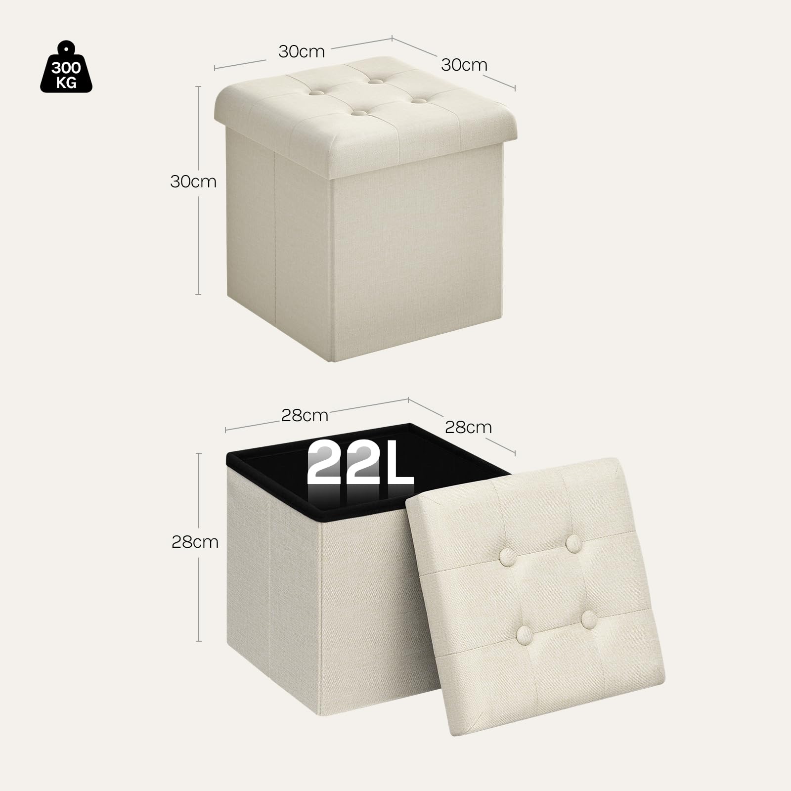 WOLTU Juego de 2 Taburete Almacenaje 17 L, Baúl Plegable de Almacenamiento, Taburete Otomano en Lino Imitado, Taburete Reposapiés Plegable para Cama y Sofá, 30x30x30 cm, Crema