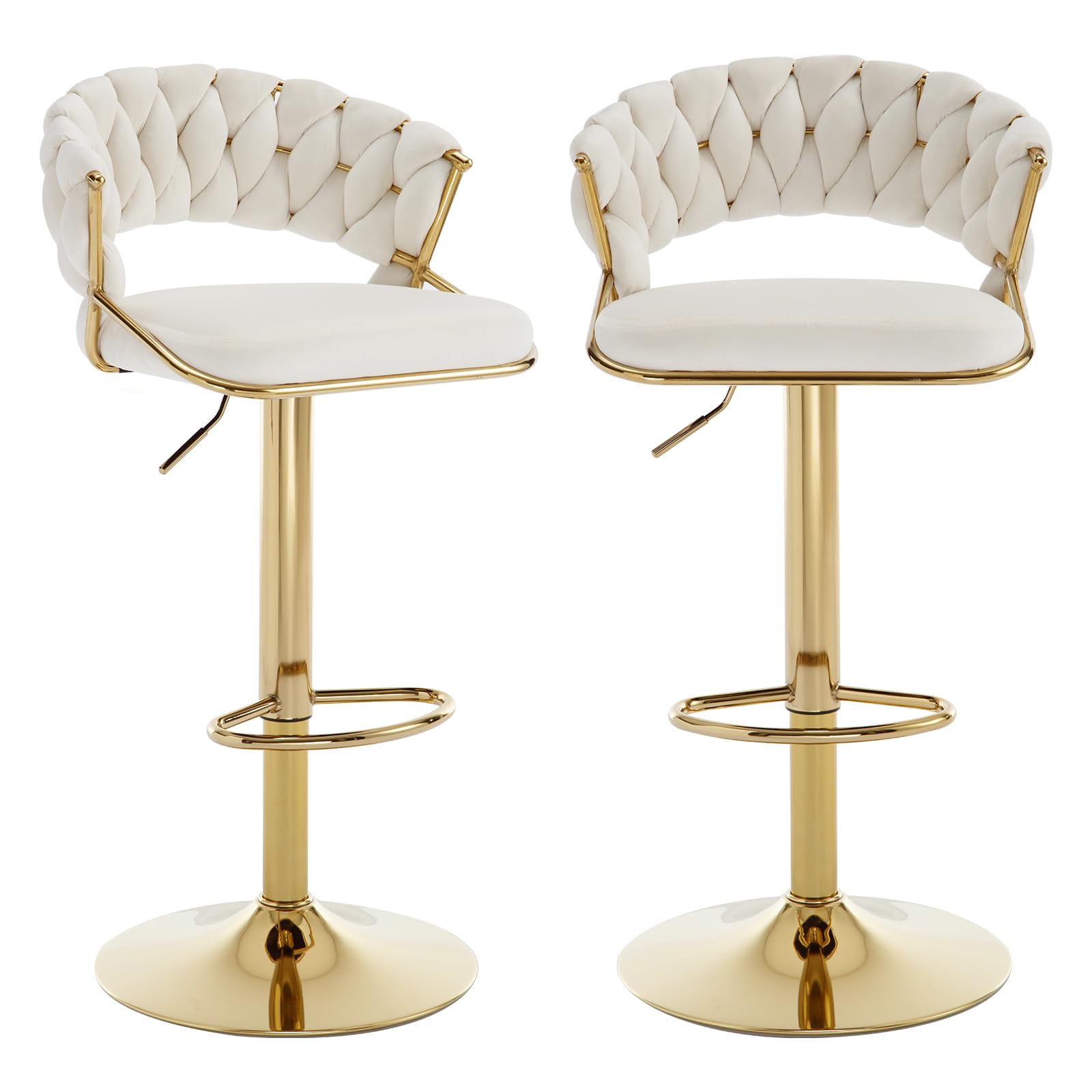 Relbiety Bar Stools Set of 2 Height Adjustable With Woven Backrest Velvet Padded, 360° Swivel Breakfast Chairs Barstools Counter Height for Home Kitchen Counter Pub Bar,Cream — image 1