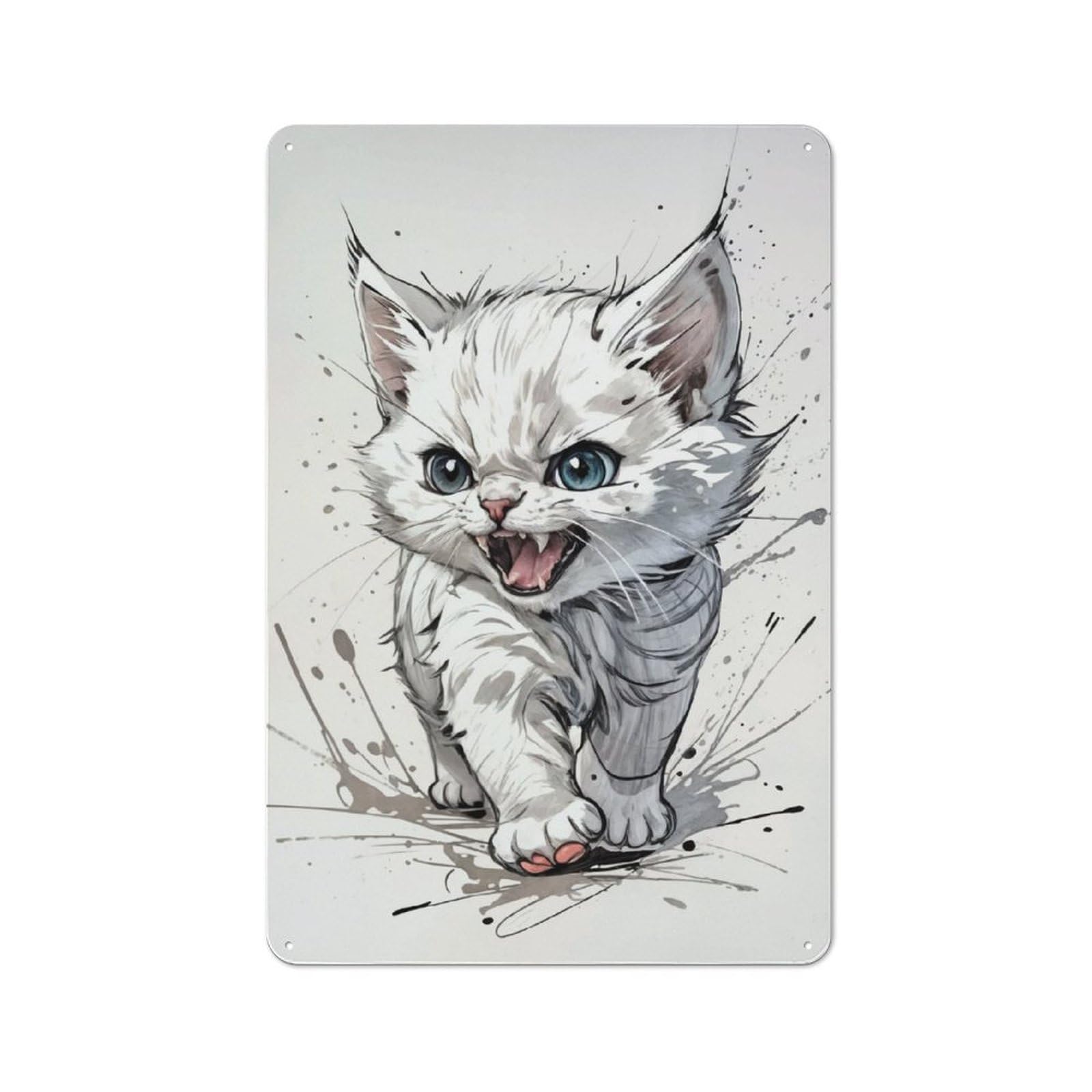 Junmoney Angry White Kitten Printed Metal Sign 30X20cm For Café Or Restaurant, For Hospitality Interior Collectors