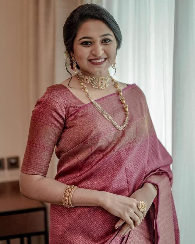 Flosive Women's Present Banarasi Soft Lichi Silk Saree Beautiful Jacquard Rich Pallu Design Work Zari Woven Kanjivaram Silk Style Saree With Soft Lichi Silk Blouse Piece Ayn Royal Pink Round