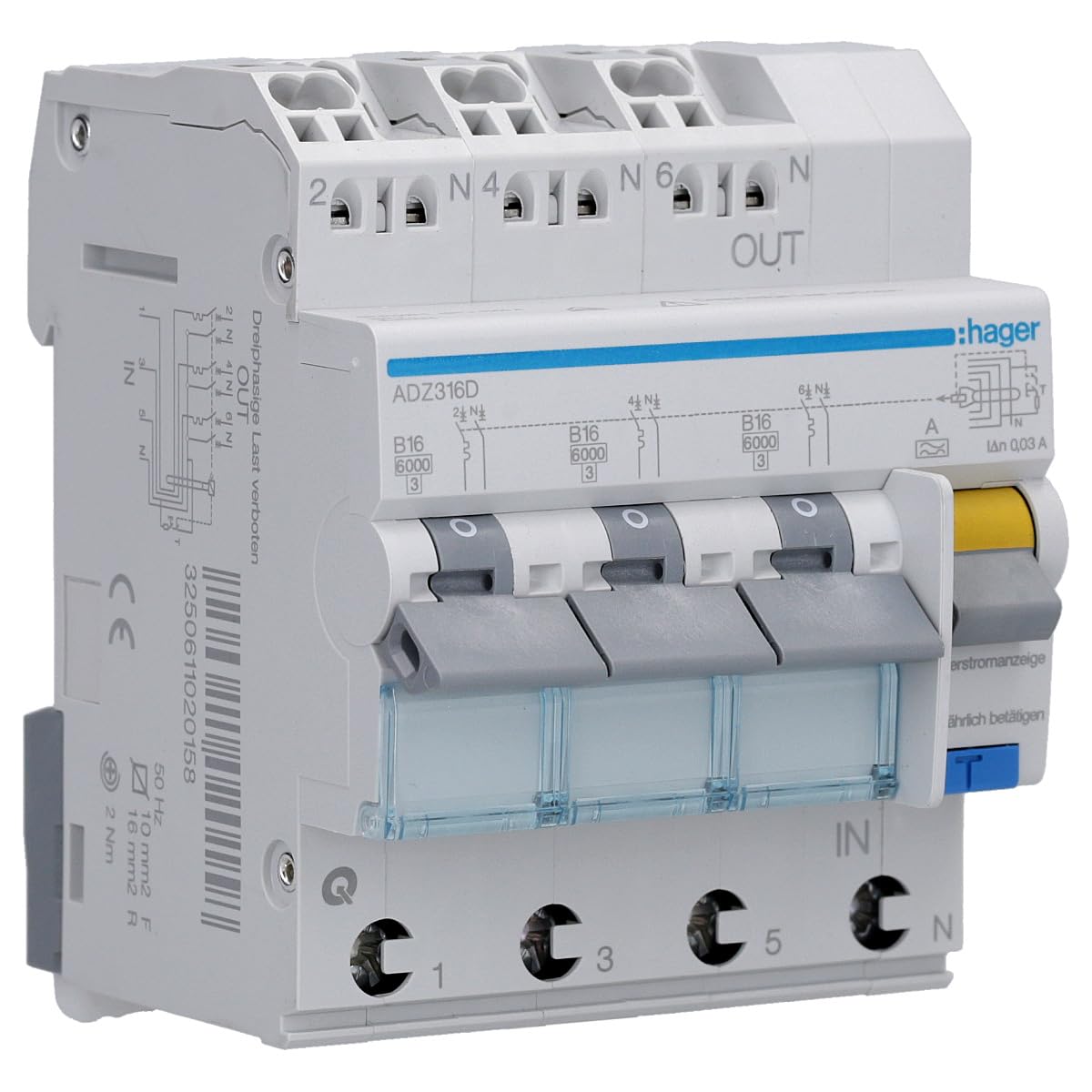 Hager FI/LS Adz316d commutateur monophasé avec neutre 3 x 1P+N 16A 6kA