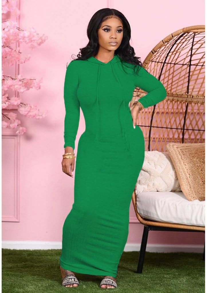 Long Sleeve Bodycon Maxi Dress for Women One Piece Hoodie Sweatshirt Dresses - Image 3