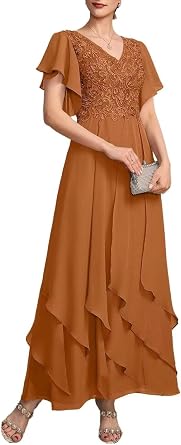 Lace Chiffon Mother of the Bride Dress for Wedding Ruffle Sleeve Formal Evening Dress