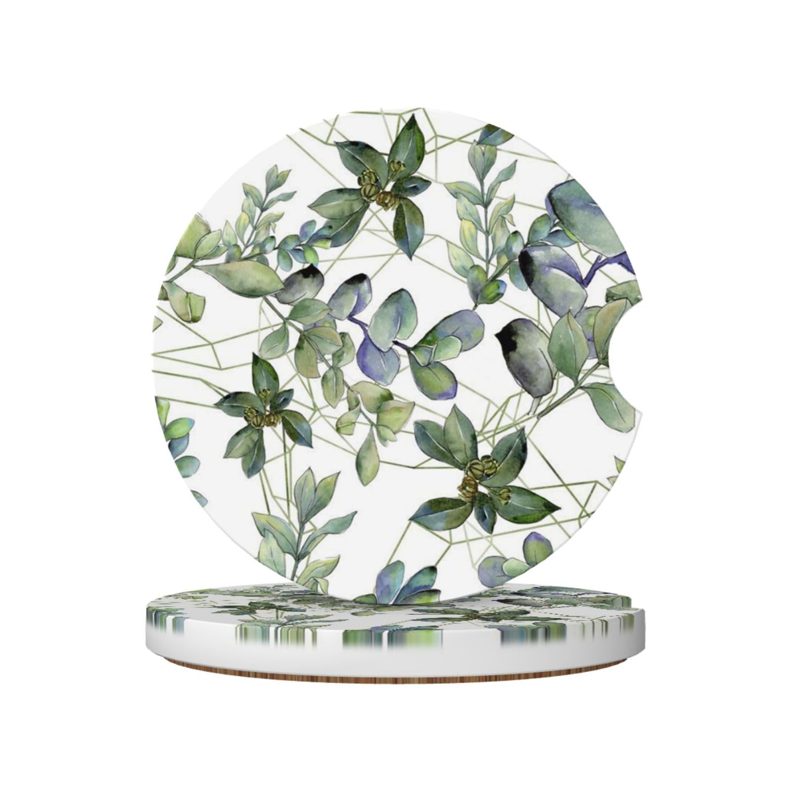 Green Eucalyptus Leaves Printed, Car Cup Holder Coasters 2 Pack, Absorbent Ceramic Car Coasters with Non Slip Cork Base