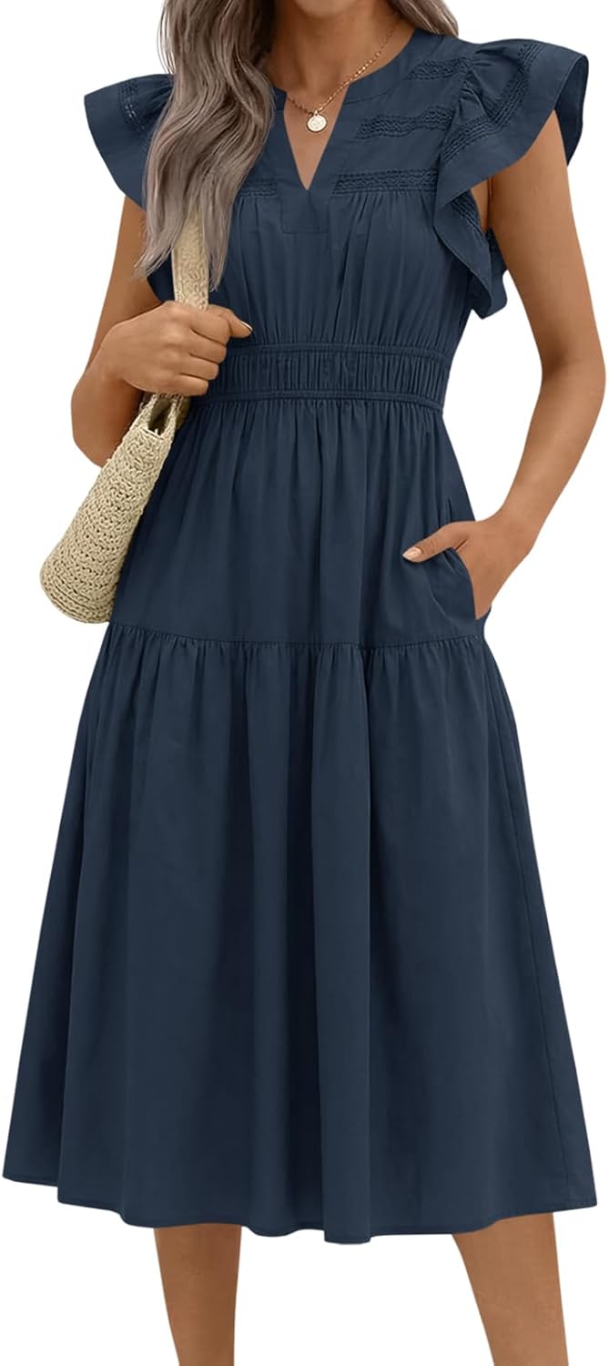 Wenrine Womens Summer Casual Midi Dress V Neck Short Sleeve Lace Elastic Waist Boho Beach Vacation Dresses with Pockets