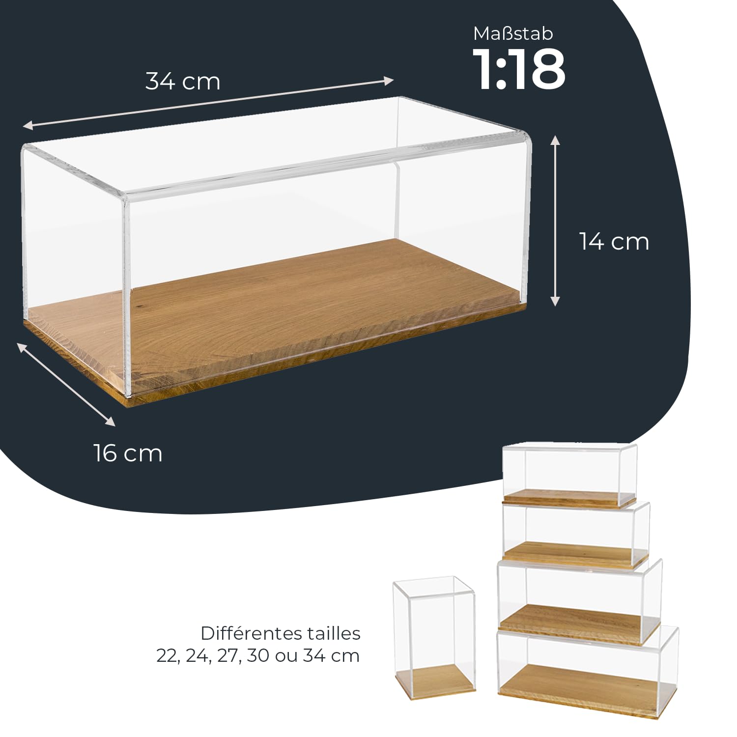 HMF 46874 Vitrine en Acrylique avec Socle en Bois pour modèles de Voitures Miniatures Transparent 34 x 16 x 14 cm