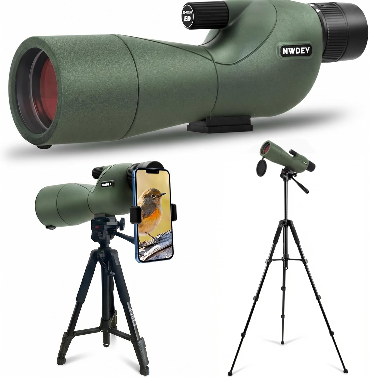 NWDEY Cannocchiale 25-75X60 con treppiede da 129,5 cm, cannocchiale per tiro al bersaglio, caccia, birdwatching, visione bassa, adattatore per telefono, borsa per il trasporto, prisma BAK4, obiettivo