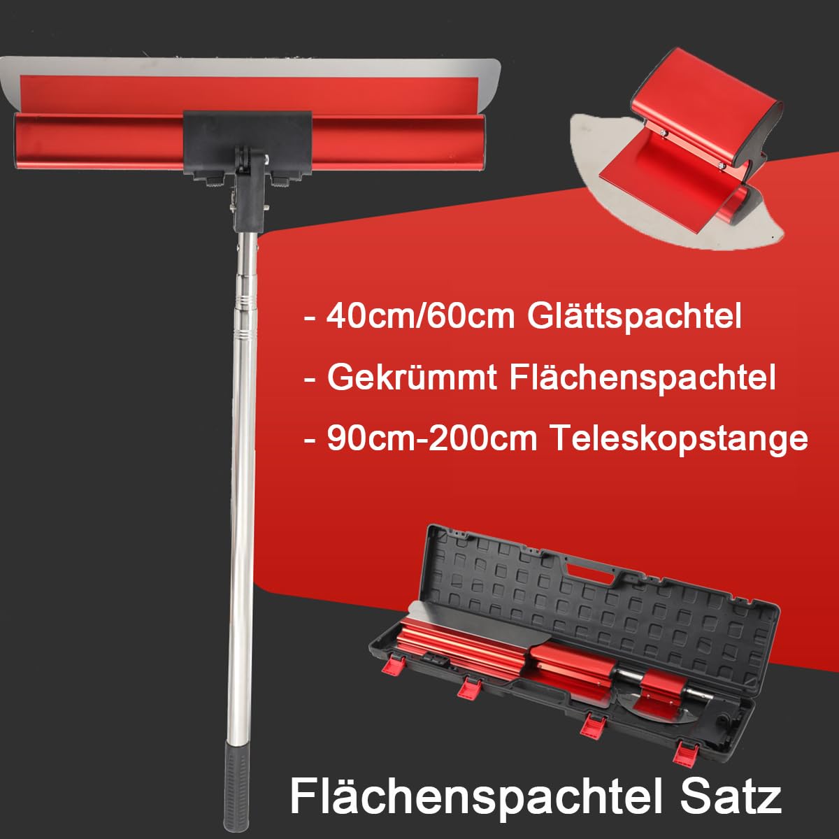 Flächenspachtel Set, 40/60cm Edelstahlklinge Spachtel Werkzeug | mit 90-200cm Ausziehbarer Griff, mit Gekrümmt Flächenspachtel, für Verputzen von Wänden und Decken, im tragbare Koffer
