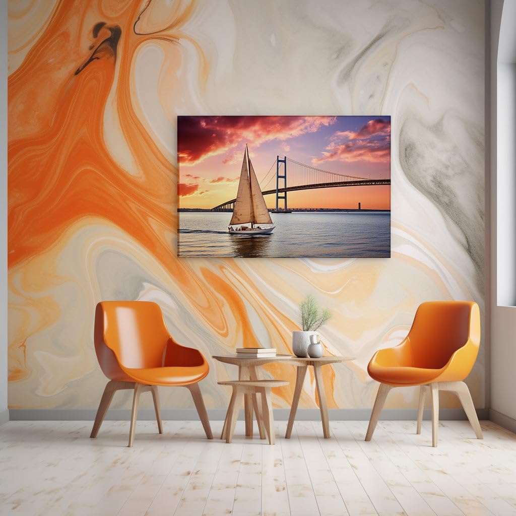 Canvas for Living room. Sailing into the Sunset: A Serene Journey Beneath the Bridge's Span, 27 x 18 inch Canvas Wall Art - Contemporary Masterpieces - Modern Home Decor