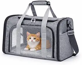 Bolsa de Transporte para Pets Grande em Poliéster com Tela Respirável, Cinza, 45x31x28cm, Aprovada para Avião, com Tapete Almofadado e Alça Ajustável