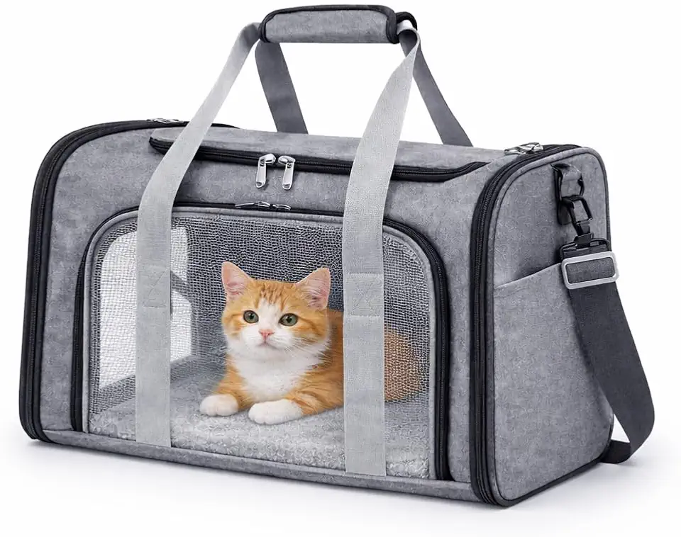Bolsa de Transporte para Pets Grande em Poliéster com Tela Respirável, Cinza, 45x31x28cm, Aprovada para Avião, com Tapete Almofadado e Alça Ajustável