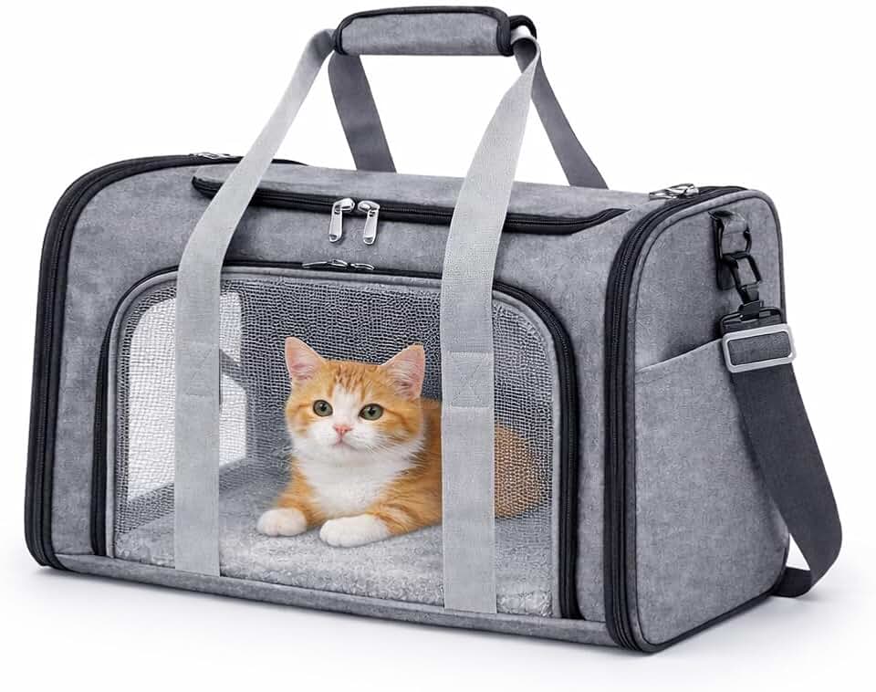 Bolsa de Transporte para Pets Grande em Poliéster com Tela Respirável, Cinza, 45x31x28cm, Aprovada para Avião, com Tapete Almofadado e Alça Ajustável