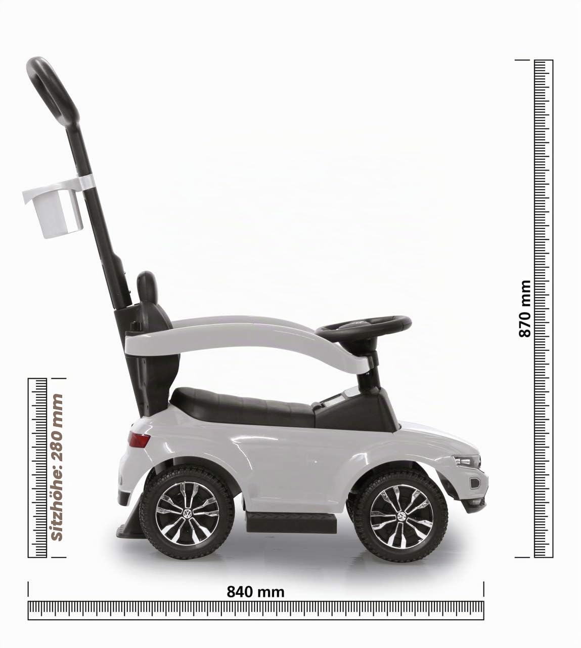JAMARA 460463 - Rutscher VW T-ROC 3in1 - Kinderfahrzeug, Kippschutz, Kofferraum, Schub-und Haltestange mit Lenkfunktion, Rückenlehne, seitlichen Schutzbügel, ausziehbare Fußauflage, Sound, Hupe
