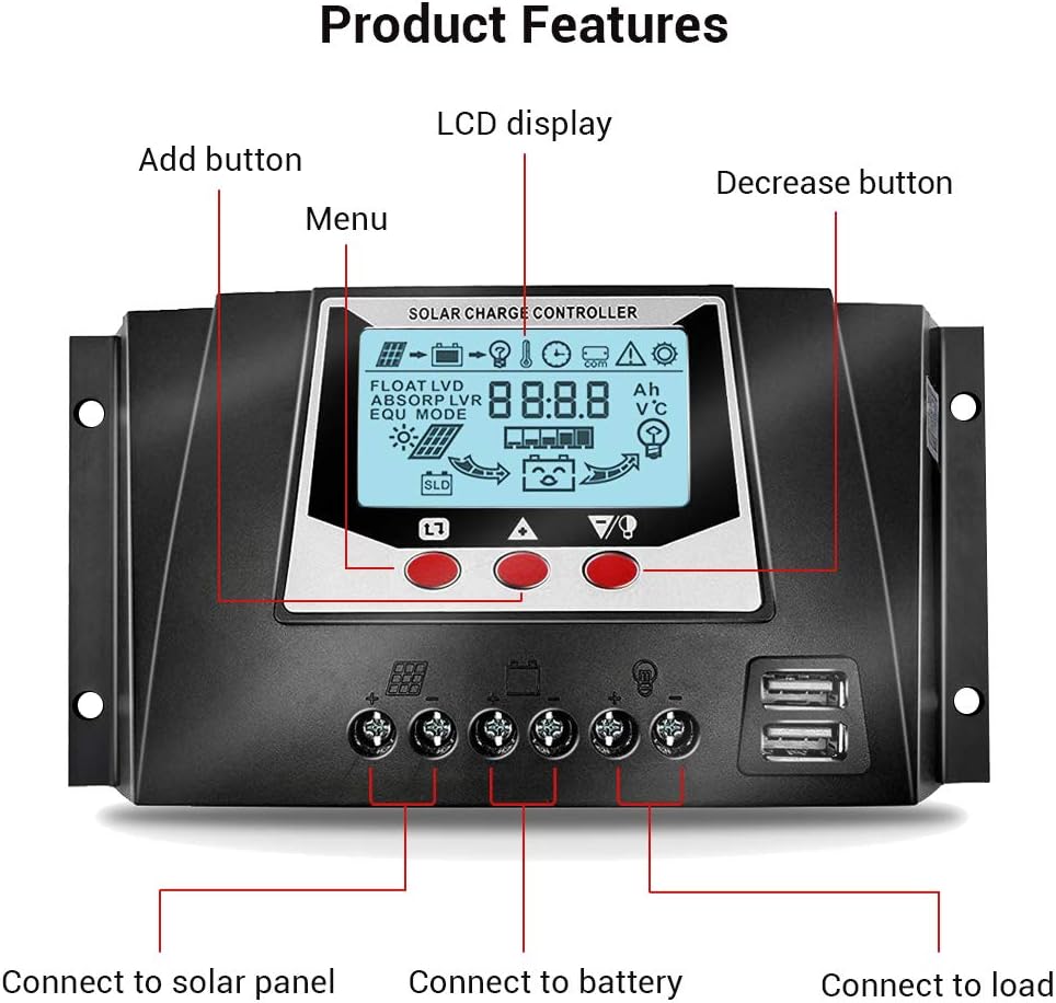 30A PWM Solar Charge Controller 12V /24V Auto Solar Panel Battery Regulator with LCD Display USB Ports for Solar Home System