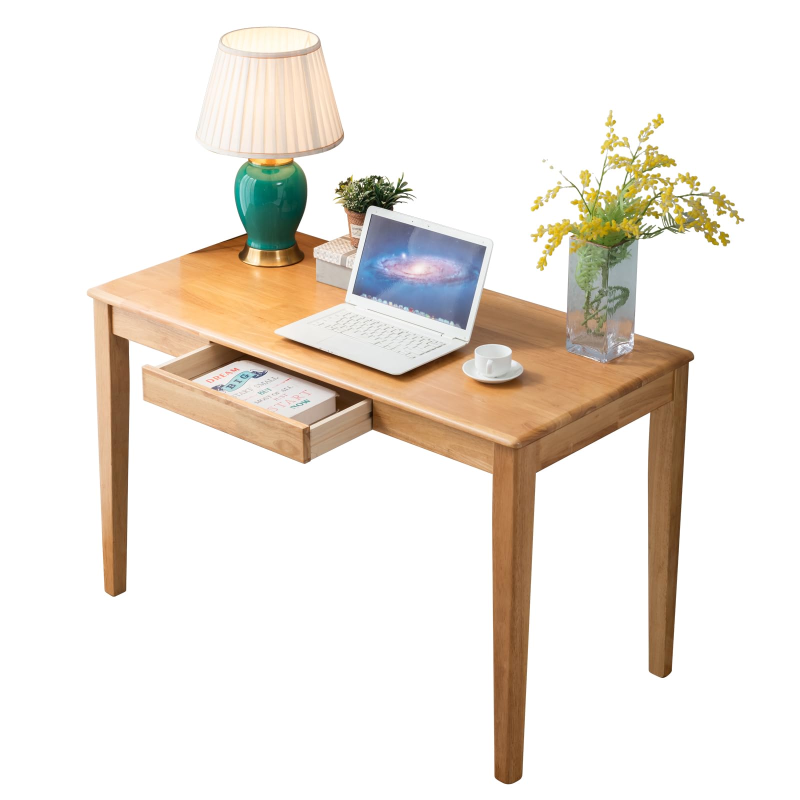 Solid Wood Desk with Drawer, Wooden Home Office Desk for Work, Student Computer Desk for Small Spaces, Gaming Study PC Desk for Bedroom, Easy to Assemble (Teak Color 47 inch)