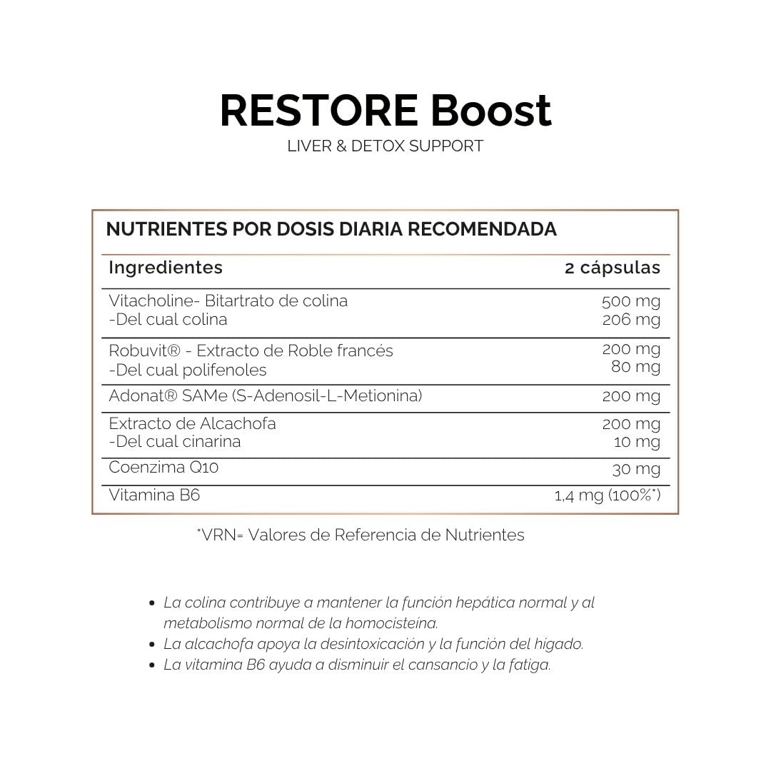 Zeruiah - Restore Boost Complemento Alimenticio para 1 Mes | con Coenzima Q10 y Vitamina B6 Detox Hepático para Más Energía y Soporte Metabólico 60 cápsulas