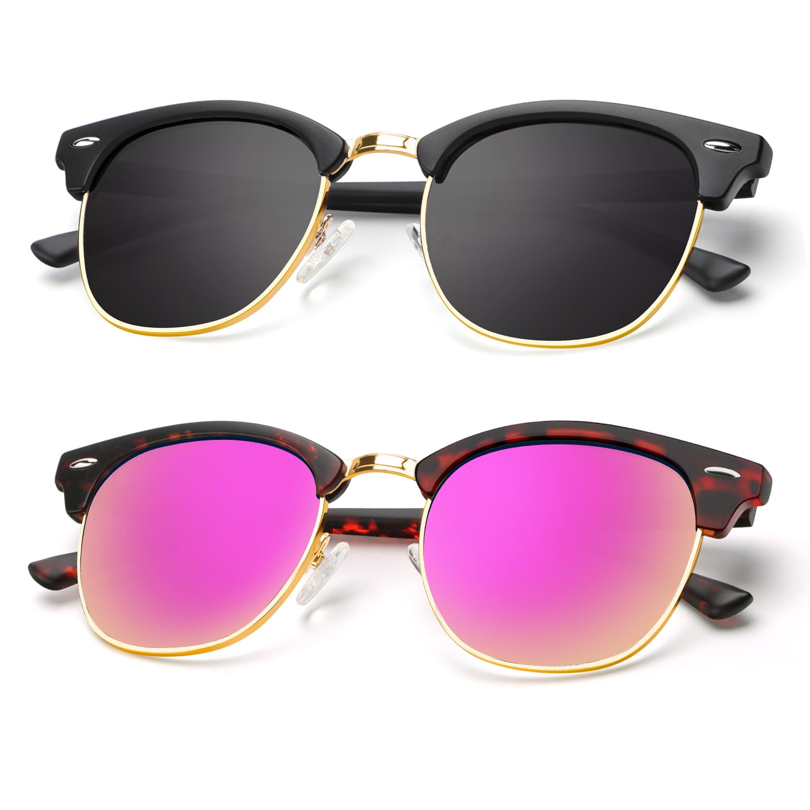 KALIYADI Polarized Sunglasses for Men and Women Semi-Rimless Frame Driving Sun glasses UV Blocking A27-(2 Pack) Matte Black | Black | Gold Rim / Matte Tortoise | Pink | Gold Rim Multicoloured