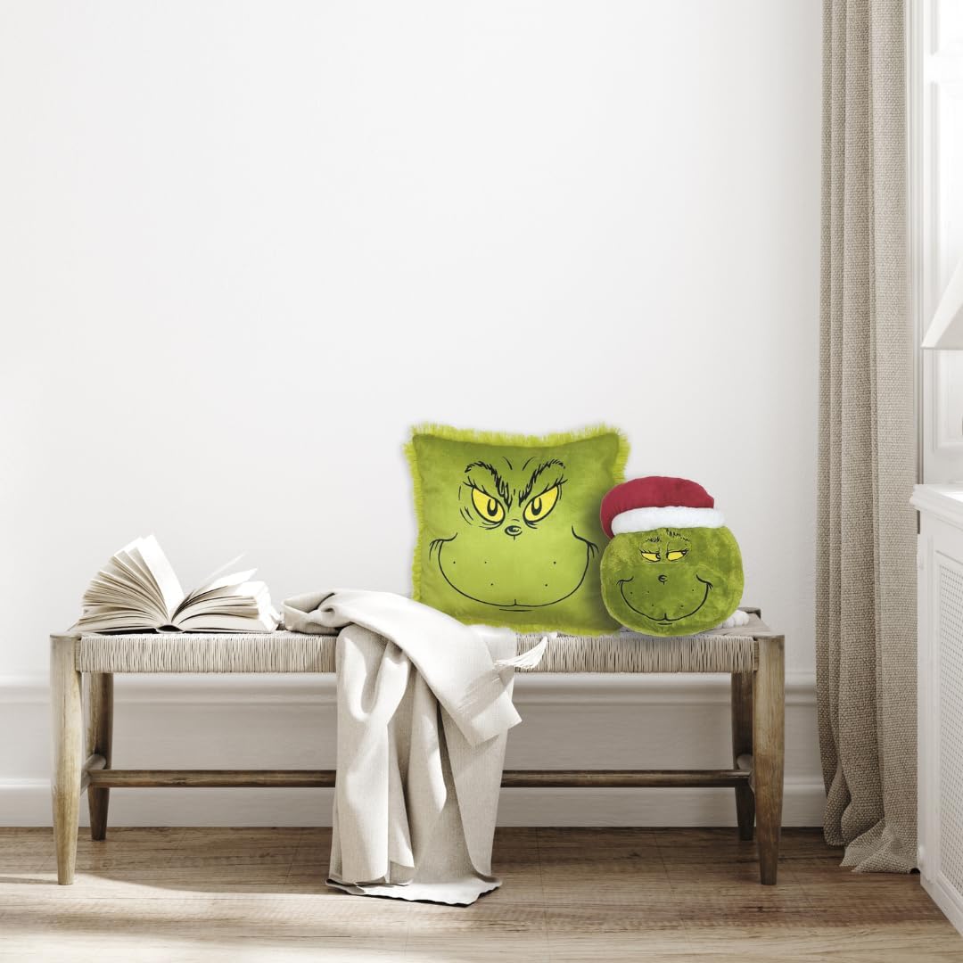 Collectibles Grinch by Dr. Seuss Holiday & Christmas Super Soft Furry Plush Round Decorative Pillow, 12" X 12", (Official Licensed Product) by Franco