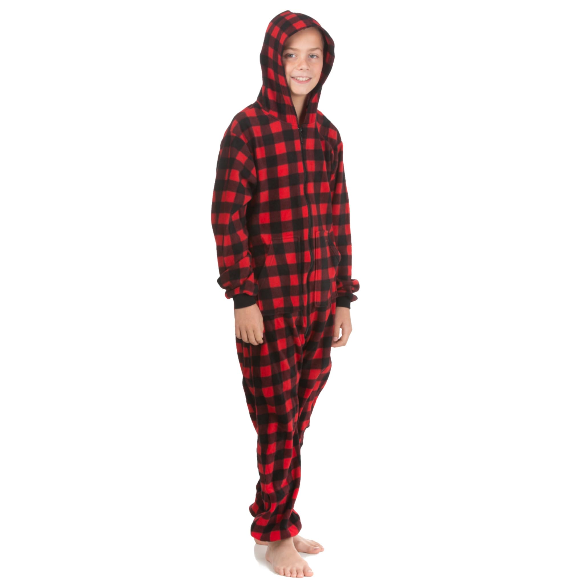 BIG FEET PAJAMA CO. Hoodie Onesie Jumpsuit Pyjama in Buffalo Plaid Fleece for Boys & Girls (M-10/12) Red, Black