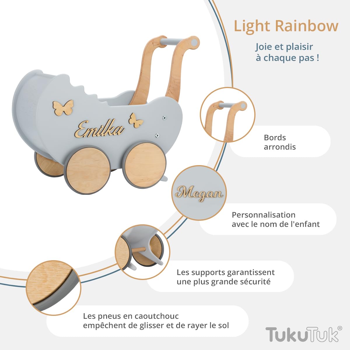 Landau de Poupée en Bois Light Rainbow Individuellement avec des Noms - Chariot Pousseur bébé Bois - Poussette Poupee Décoration - Poussette Canne Poupee - Chariot Enfant (Gris)