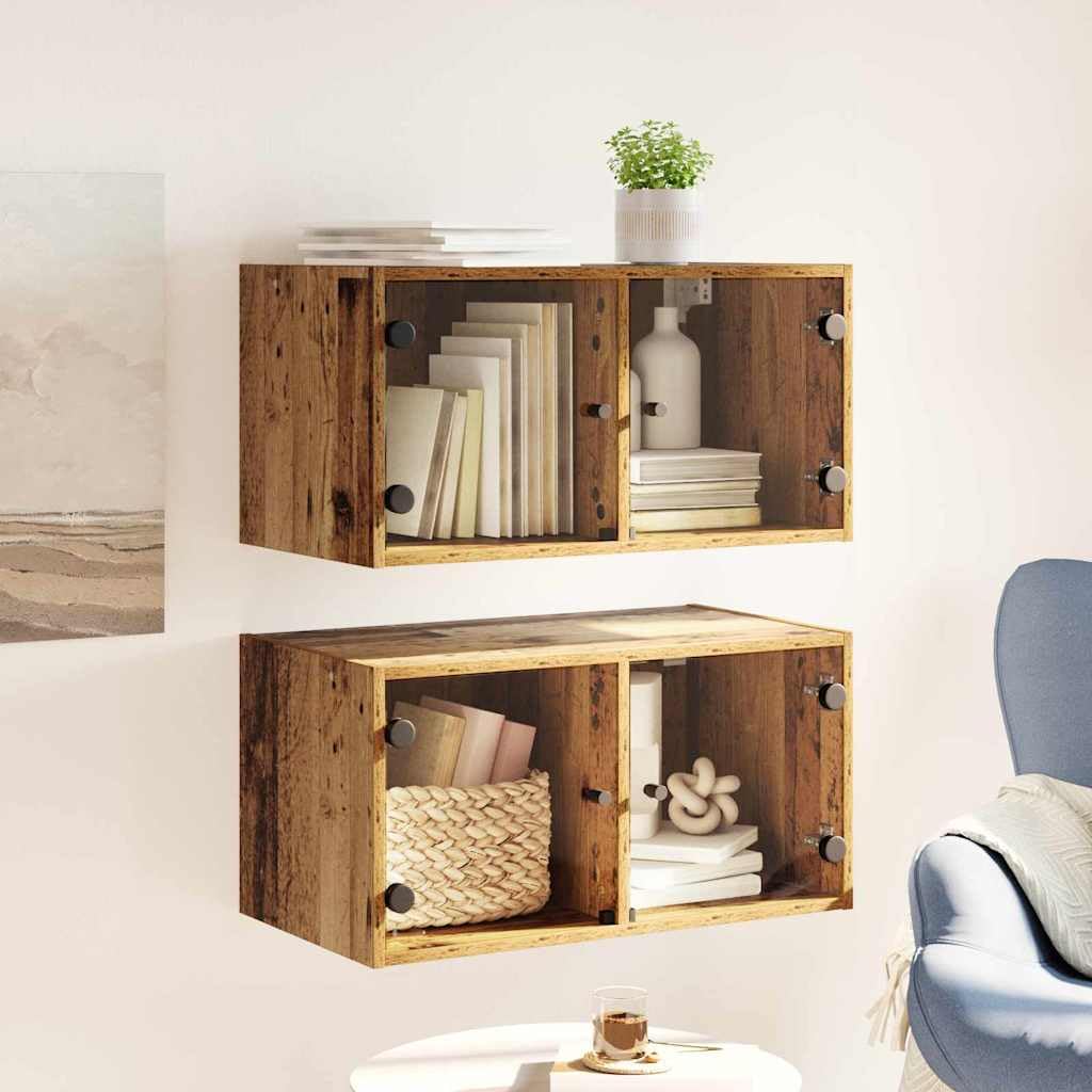 2er Set Wandschränke Altholz Optik, 68x37x35 cm Hängeschrank mit Glastüren, Holzwerkstoff, für Wohnzimmer und Büro