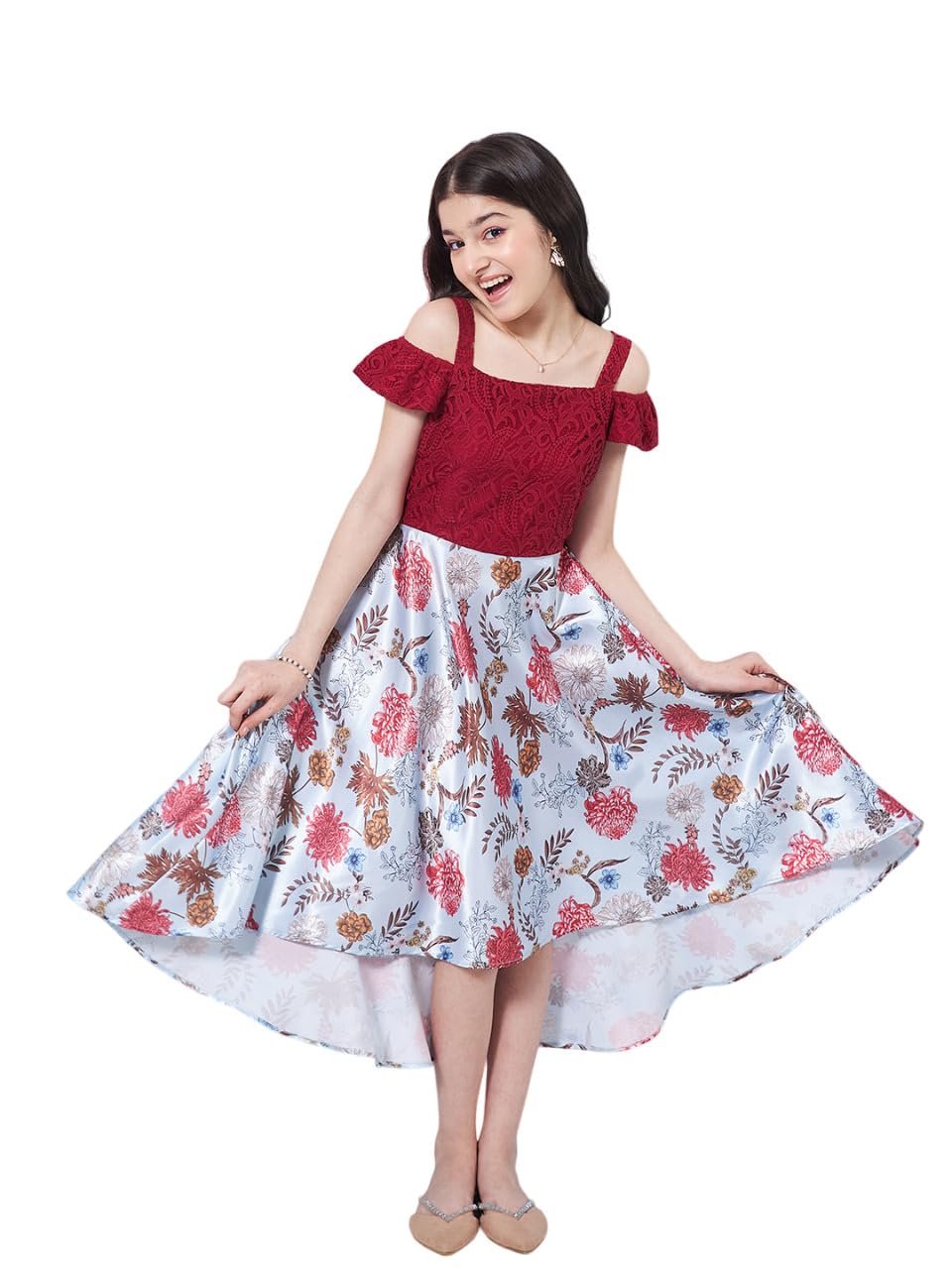 Pspeaches Mädchenkleid mit Blumenmuster, schulterfrei, Satin, ausgestellt, violett, mühelos stilvoll und elegant