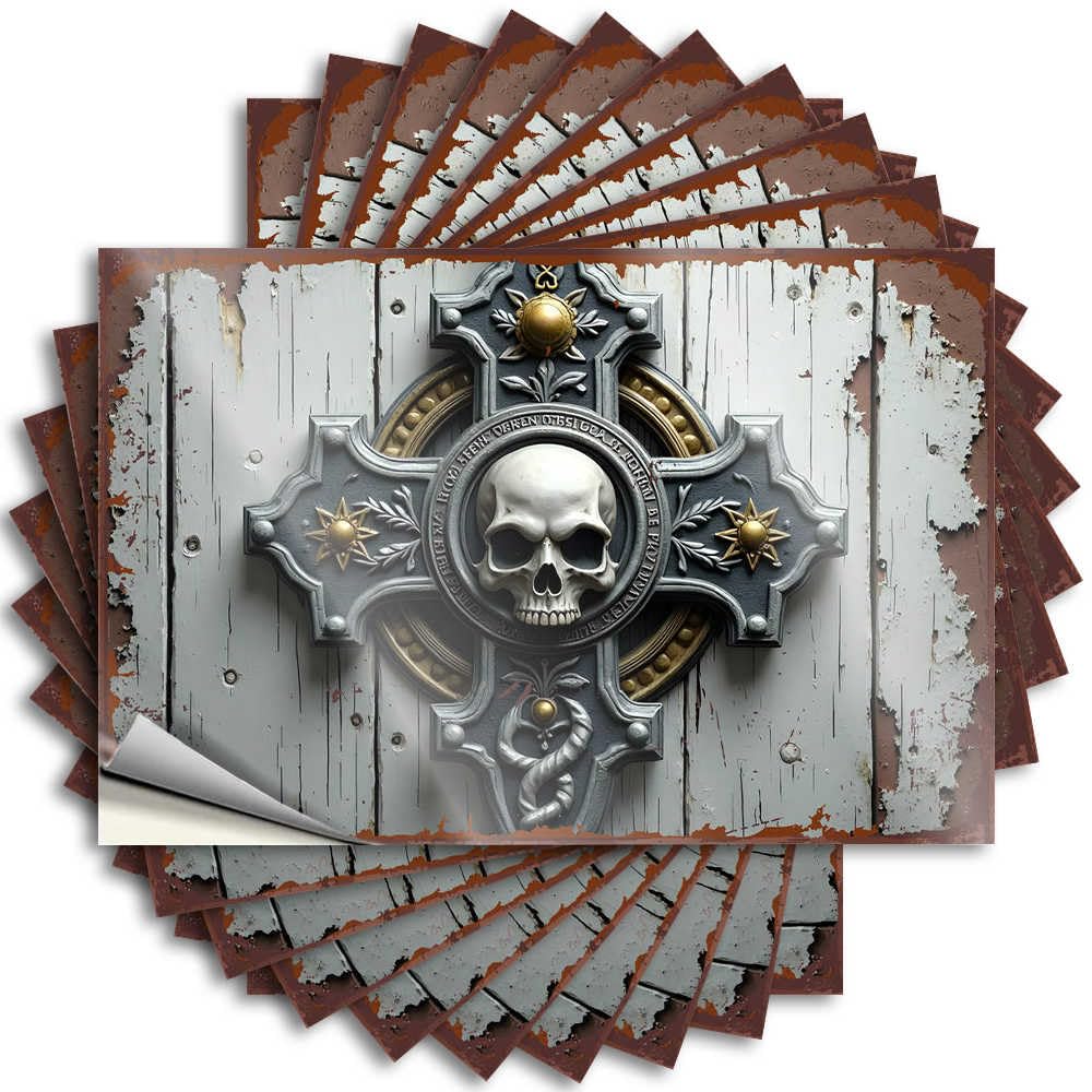 Man Cave Decor Funny Sticker Durable Bottle | Dark Gothic Cross with Skull Emblem On Weathered Door Aesthetic Self Adhesive Sticker for Water DIY(6X9CM)