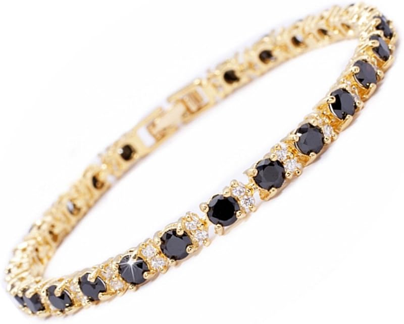RIZILIA Eternity Pulsera de tenis con piedra natal de circonita multicolor chapada en oro de 14 quilates