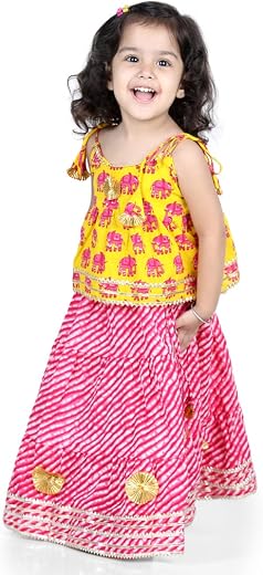 BownBee Girls Cotton Chaniya Choli Lehenga with Round Neck, Hathi Print Traditional Ethnic Dress With Knot Closure on Shou...
