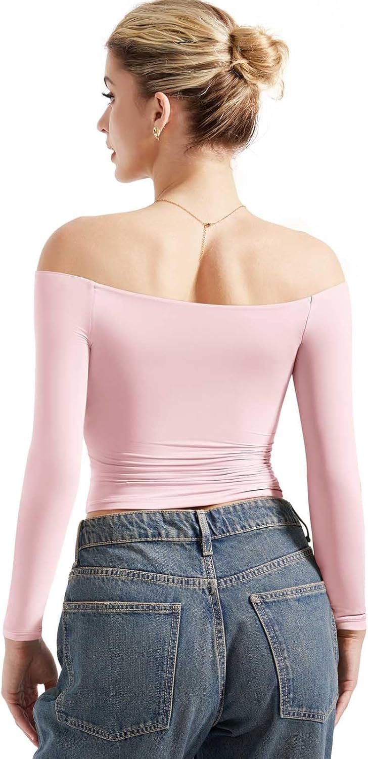 SUUKSESS Women Off Shoulder Double Lined Long Sleeve Shirts Basic Going Out Tops - Image 3