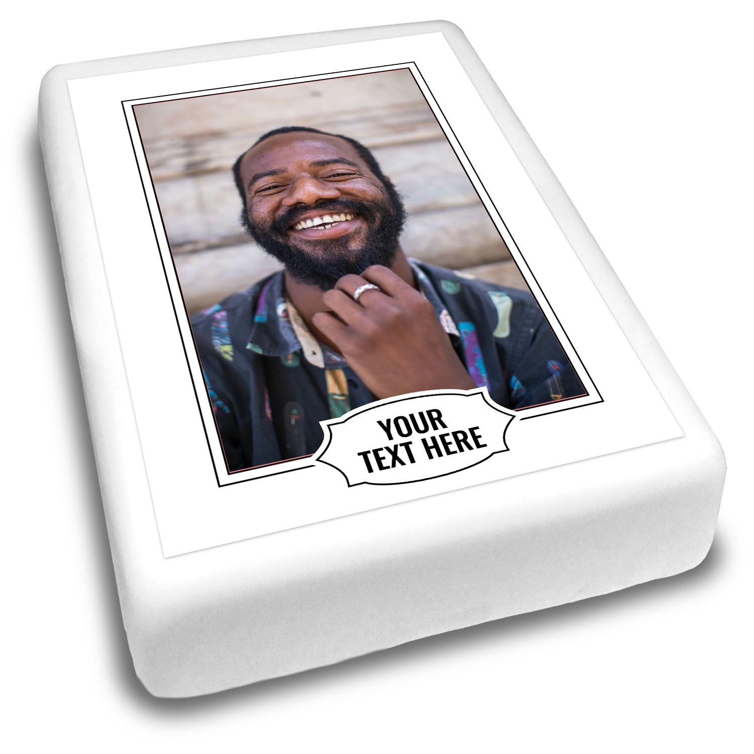 Cakeshop Portrait Personalised Edible Cake Topper With White Border & Text Banner | Custom Image & Text | For Birthdays & Celebrations | Multiple Shapes & Sizes | Icing & Wafer Paper Options