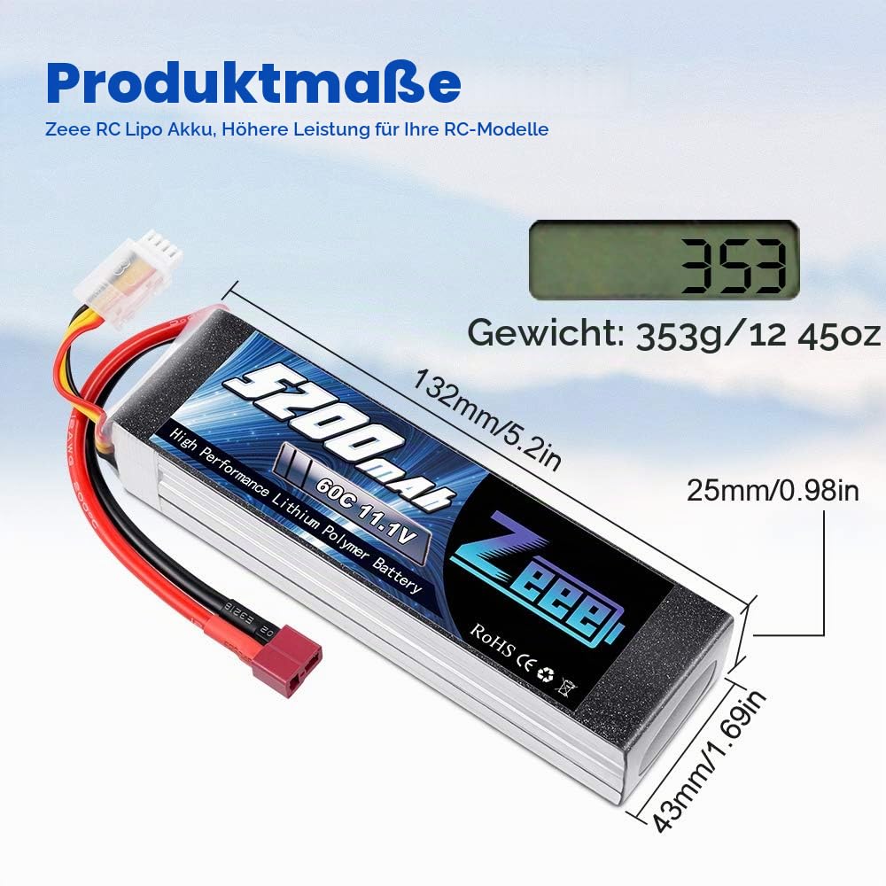 Zeee 3S LiPo Akku 11,1V 5200mAh 60C RC Batterie mit T Stecker(2 Packungen) | RC Batterie für RC Car RC Truck RC Auto Boot Helicopter LKW Truggy RC Hobby