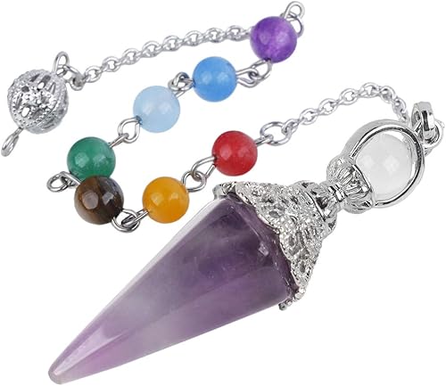 Rockcloud Péndulo puntiagudo de cristal de amatista natural con cadena de 7 cuentas de piedra de chakra, colgante de chakra Reiki de 6 facetas para