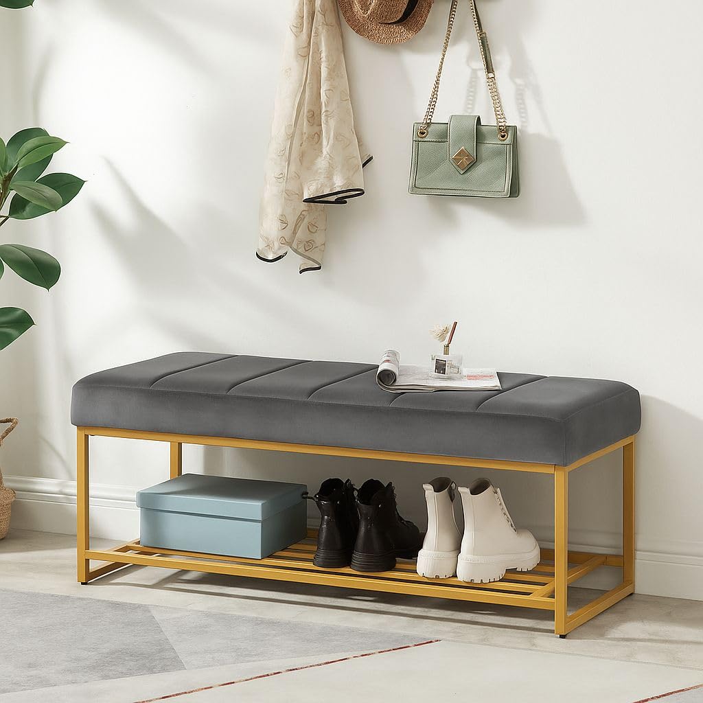 DECORO CRAFTS Metal Bench with Storage and Velvet Upholstery for The Entryway Sleeping Bench Ottoman, Sofa, Footstool, Bed End Table, Settee, with Storage for Living Area and Bedroom - Grey-image-7