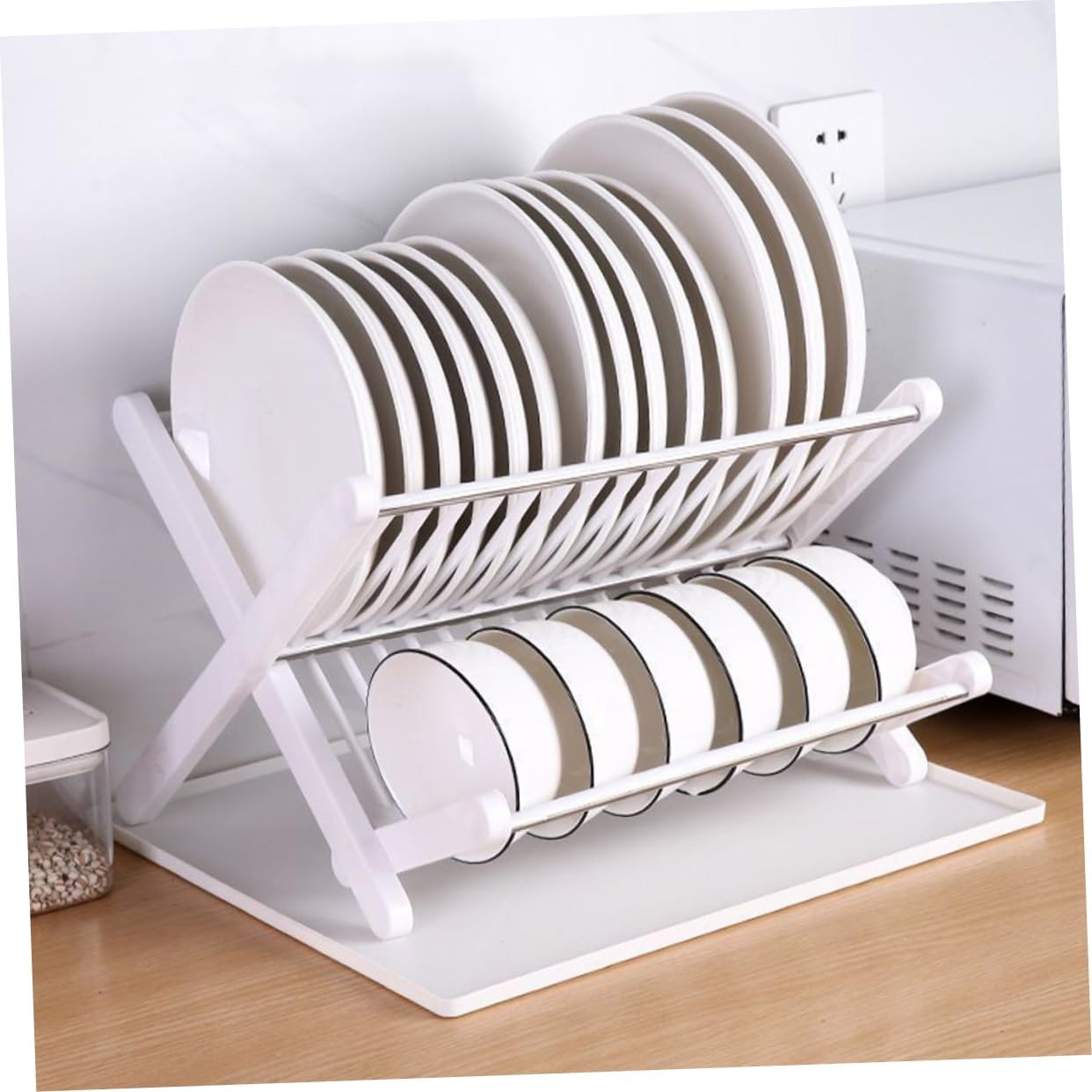 Cabilock Folding Dish Rack with Drain Tray Large Capacity Kitchen Plate Drying Strainer Smooth Surface Tableware Organizer for Bowls and Plates Space Saving White Dish Drainer for
