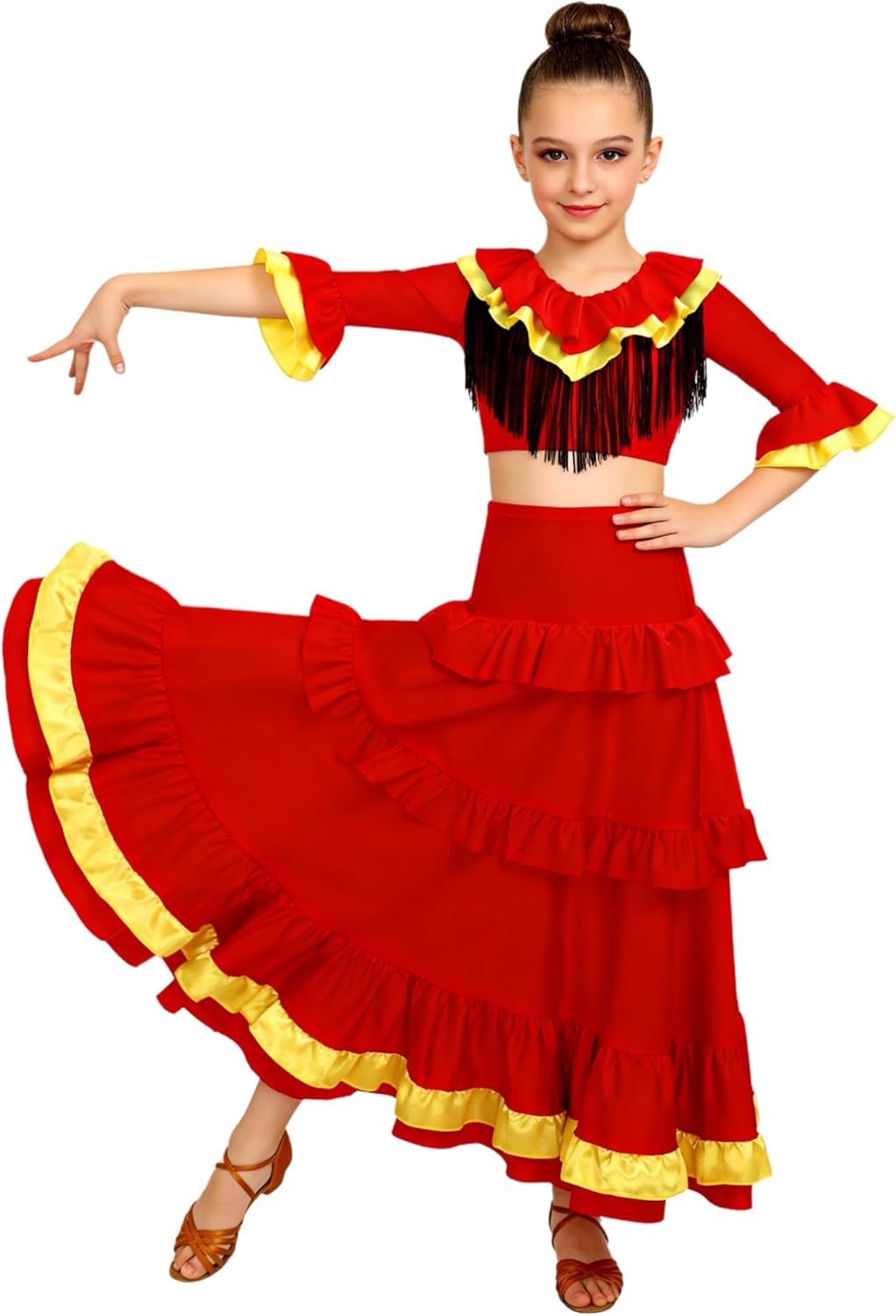 FEESHOW Girls Flamenco Dance Outfits Half Sleeve Tassels Crop Top with High Waist Ruffle Long Skirt for Stage Performance Red 8 Years