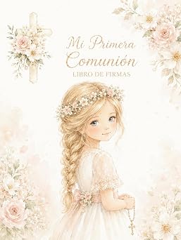 Mi Primera Comuni n    lbum de Firmas para Ni a Libro de recuerdos a color con dedicatorias, fotos y mensajes Tapa blanda premium + QR con 12 ... + 2 modelos de  rbol de Huellas imprimibles