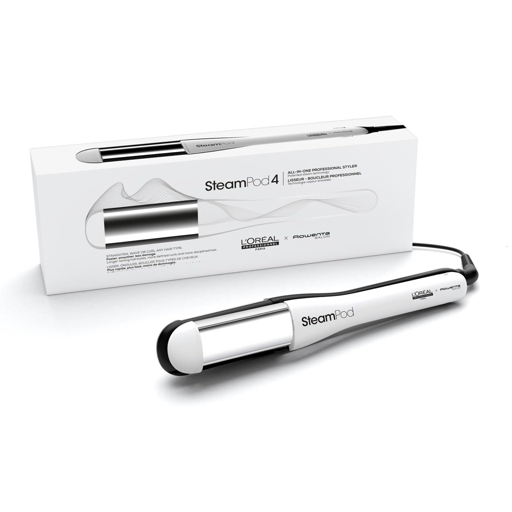 L’Oréal Professionnel, Steampod 4, Plancha de Pelo Profesional con tecnología a vapor, Moldeador todo en uno, Para todo tipo de cabello, Color Blanco