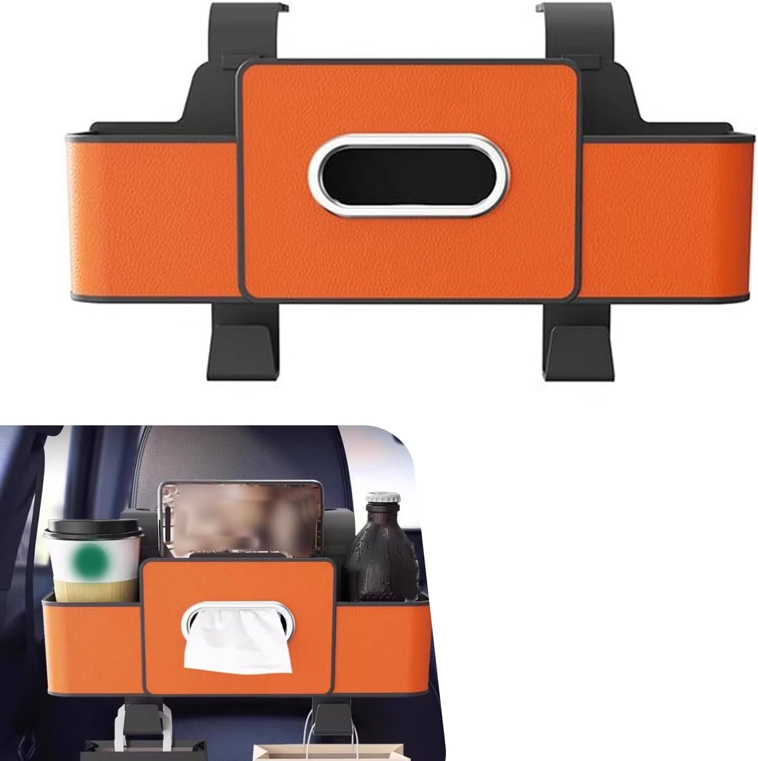 4-in-1 Back Seat Car Organizer, Multifunctional Hanging Back Seat Storage Box, Partition Design with Phone Holder Tissue Box Cup Holders Hooks, Universal for Most Cars SUVs Trucks (Orange)