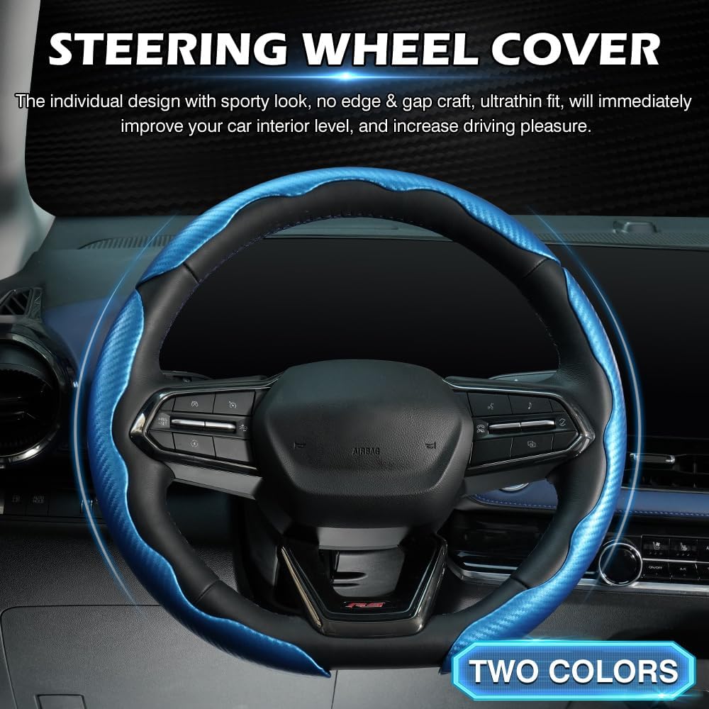 3 Piece Carbon Fiber Steering Wheel Cover, Car Steering Wheel Cover for Men/Women, Anti-Slip, Comfortable Grip, Durable, Universal for 99% Car Interior Accessories (Blue)