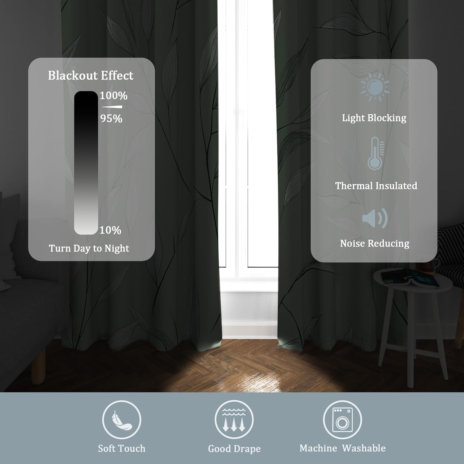 Leaf Sage Green Blackout Curtains for Bedroom, 63 Inch 2 Panels, Modern Leaves Printed Pattern, 95% Black Out Window Drapes for Living Room, Leaf Sage Green Home Decor, Grommet Top KN382