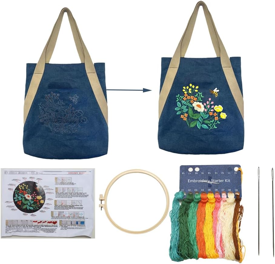 VWV-Whizzing Embroidery Canvas Tote Bag DIY Kit for Beginners, Complete with Pattern, Hoops, Color Threads, Tools & Detailed Instructions for Adults (15X16.5(in) Blue)