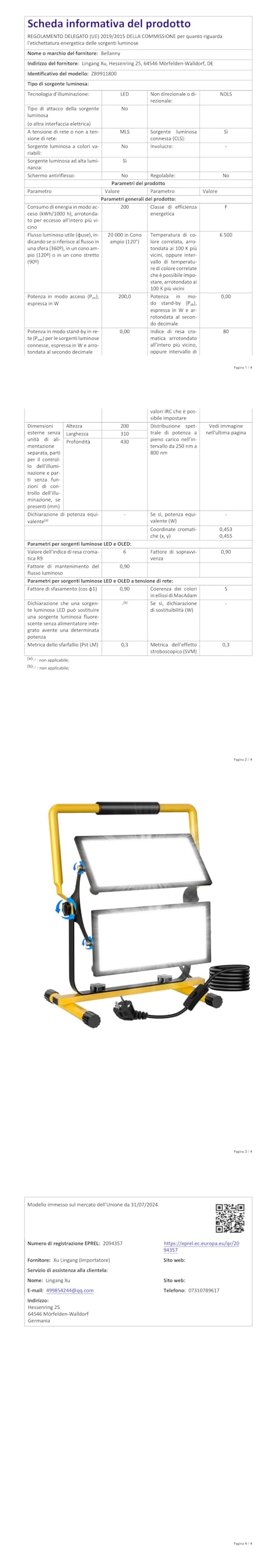 Faretto Led da Cantiere 200W 20000LM Faretti area di lavoro Faro LED Esterno - IP66 Impermeabile Portatile Proiettori con Spina e Staffa, Rotazione 360° Lampada per Edilizia Garage Officina