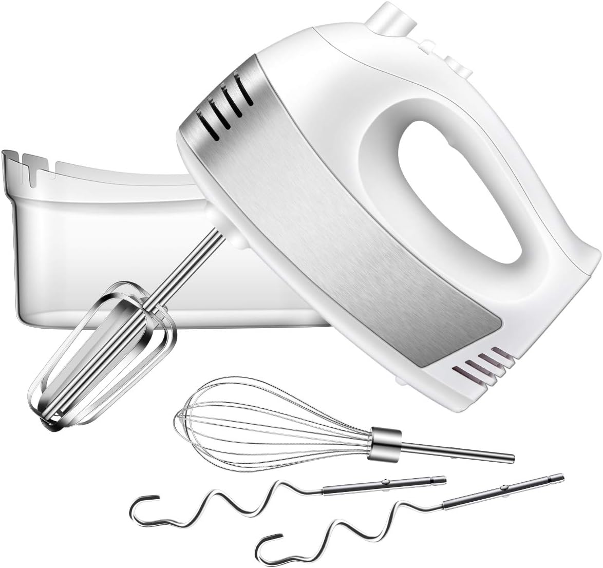 Hand Mixer Electric, 5 Speed Handheld Kitchen Mixer with Turbo Includes 2 Wider Beaters, 2 Dough Hooks, 1 Balloon Whisk and Storage Case (White) (Whit)