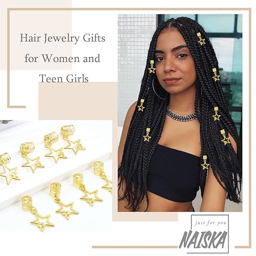 Miniatura 4 de NAISKA 10 clips de trenza de estrella dorada, accesorios para rastas, cuentas trenzadas de cinco puntas, pinzas para el cabello, accesorios de