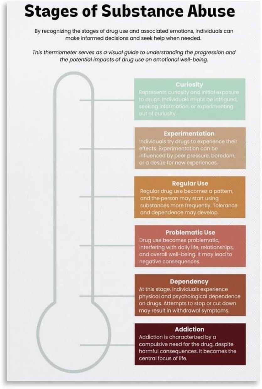 LLBOGRGGN Office Decor Stages of Substance Misuse Educational Poster Counseling Resource for Recovery Center Office(Framed,16x24inch(40x60cm))